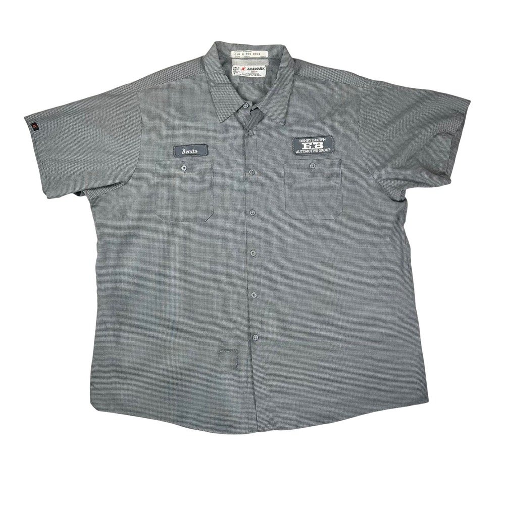 Aramark Mens 2XLR Work‎ Shirt Gray Check Henry Brown Automotive "Benito" Patch
